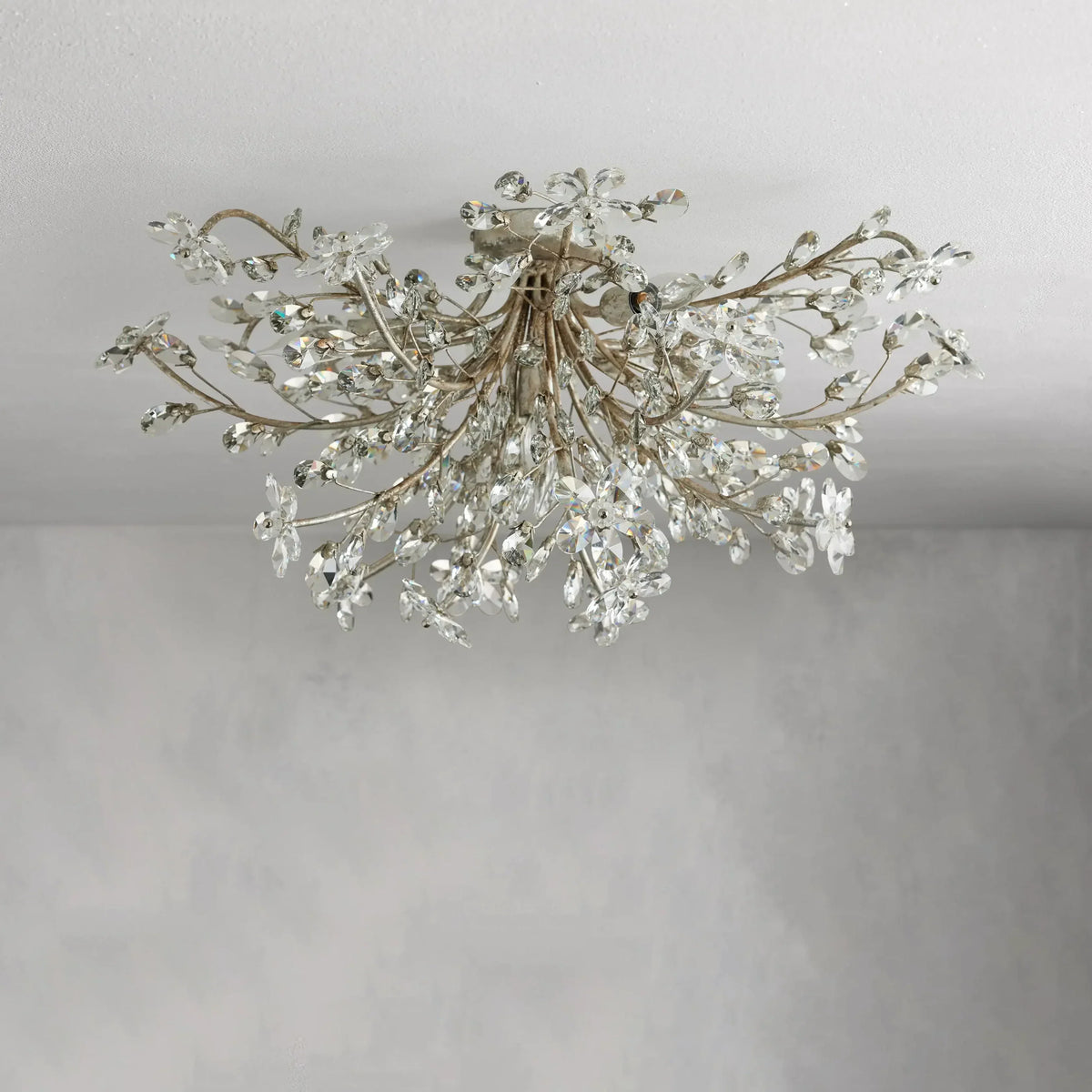 Crystal Flower Ceiling Light Fixture 27.5 inch Flush Mount Iron Frame Handcrafted Floral Design Ambient Lighting for Living Room Bedroom