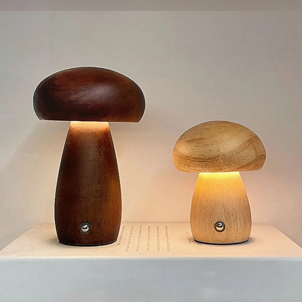 Natural Wood Toadstool Table Lamp with Adjustable Glow and USB Charging for Bedroom, Nursery, or Living Room Ambient Lighting