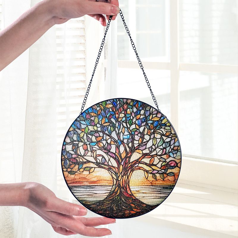 Stained Glass Tree of Life Sun Catcher Window Ornament for Home & Garden – Handcrafted Rainbow Light Prism Hanging Decor