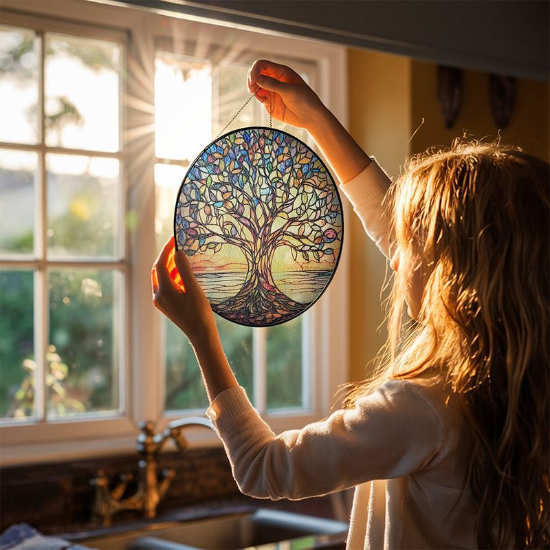 Stained Glass Tree of Life Sun Catcher Window Ornament for Home & Garden – Handcrafted Rainbow Light Prism Hanging Decor