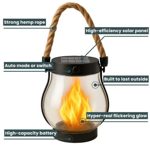 Rechargeable Portable Lantern with Hemp Handle for Patio, Camping & Indoor Ambience — Smart Auto-On Sensor, Type-C USB Charging, Compact 4.7