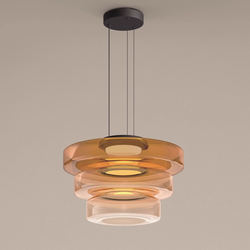 Tiered Glass Hanging Fixture 18 in Amber with Integrated LED for Island Kitchens Dining Areas Living Spaces Modern Minimalist Bauhaus-Inspir