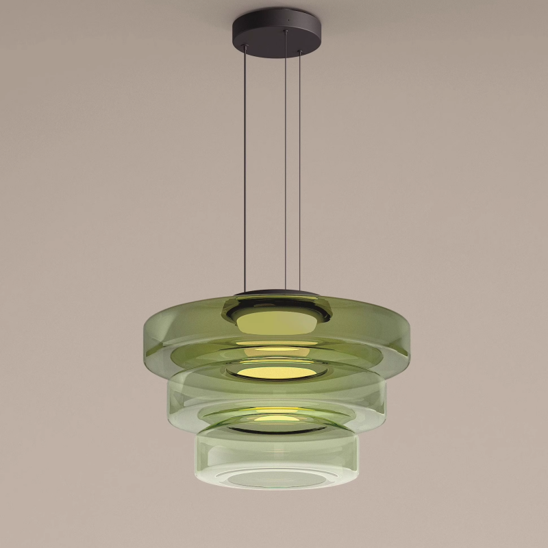 Stacked Glass Shade Ceiling Fixture 18 in Diameter Adjustable Height 12W Warm LED Kitchen Island Dining Room Modern Sculptural Hanging Light