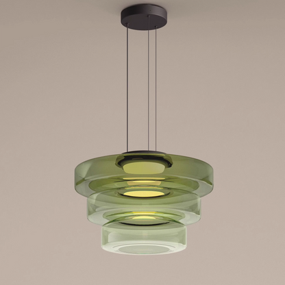Stacked Glass Shade Ceiling Fixture 18 in Diameter Adjustable Height 12W Warm LED Kitchen Island Dining Room Modern Sculptural Hanging Light