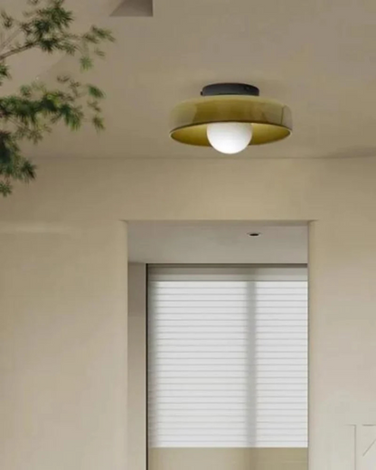 Flush Mount Ceiling Light with Glass Shade and Metal Frame for Living Room, Bedroom, Hallway – Round Overhead Fixture with Warm White Glow