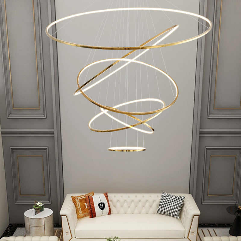 Multi-Tier Cascading LED Ring Fixture for Grand Entryways and Tall Staircases – Height-Adjustable Modern Statement Lighting with Remote Dimm