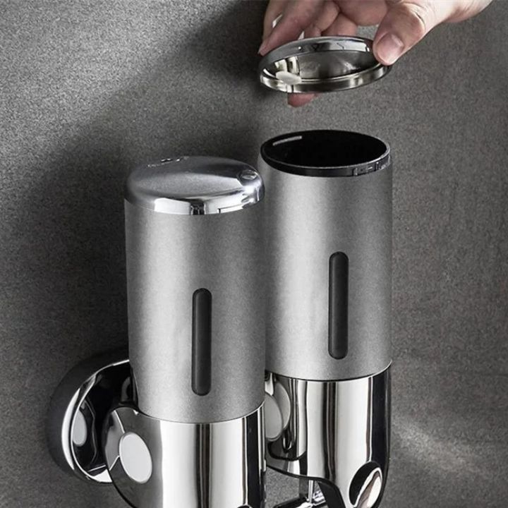 Wall Mount Soap Dispenser with Push Pump - Stainless Steel Liquid Holder for Shampoo, Lotion & Hand Wash in Bathroom, Kitchen, Shower