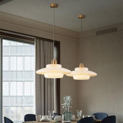 Tiered Glass Hanging Fixture with Brass Frame in Gold – 12-Inch Statement Lamp for Dining Rooms, Bedrooms & Hallways – Art Deco Style Ceilin