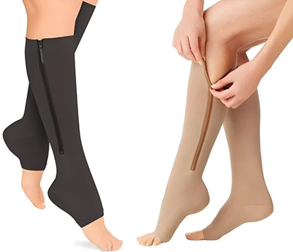 Open-Toe Knee-High Medical Compression Socks with Side Zipper for Women and Men 20-30 mmHg Firm Support Circulation Stockings for Standing A