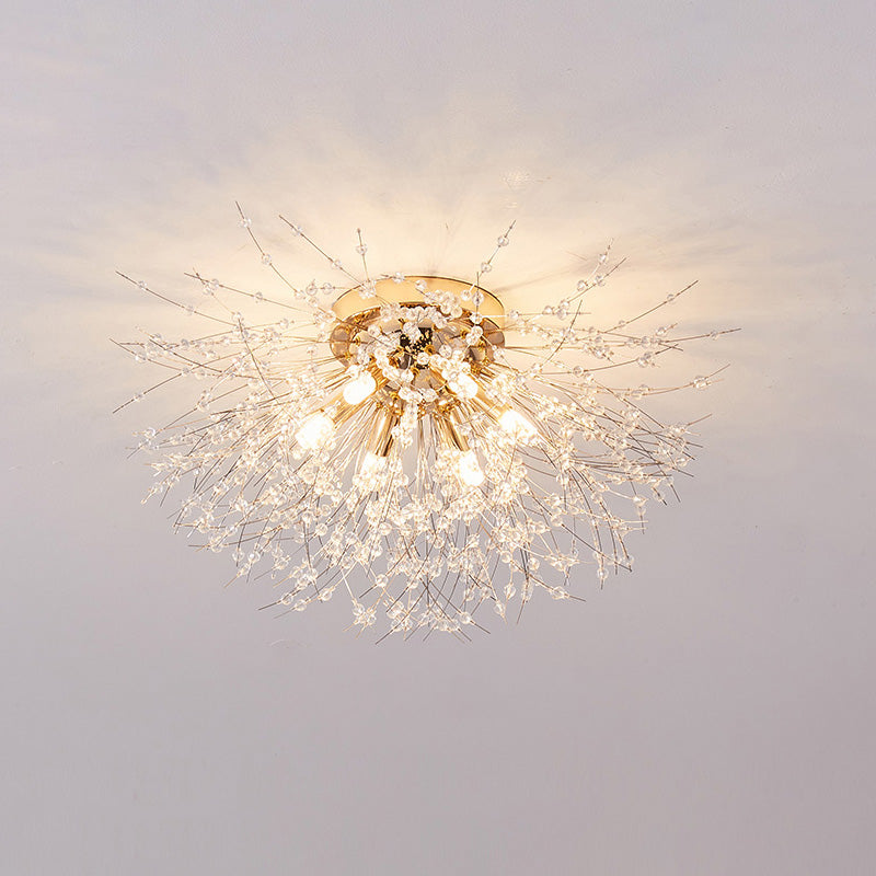 Flush Mount Ceiling Light with Crystal Dandelion Design – 16 in Gold & Silver Fixture for Bedroom, Hallway, Bathroom