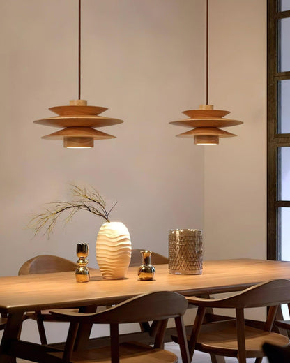 Layered Rubberwood Pendant Light Walnut Finish Ceiling Fixture Dining Room Living Room Ambient Lighting Modern Natural Wood Chandelier Warm