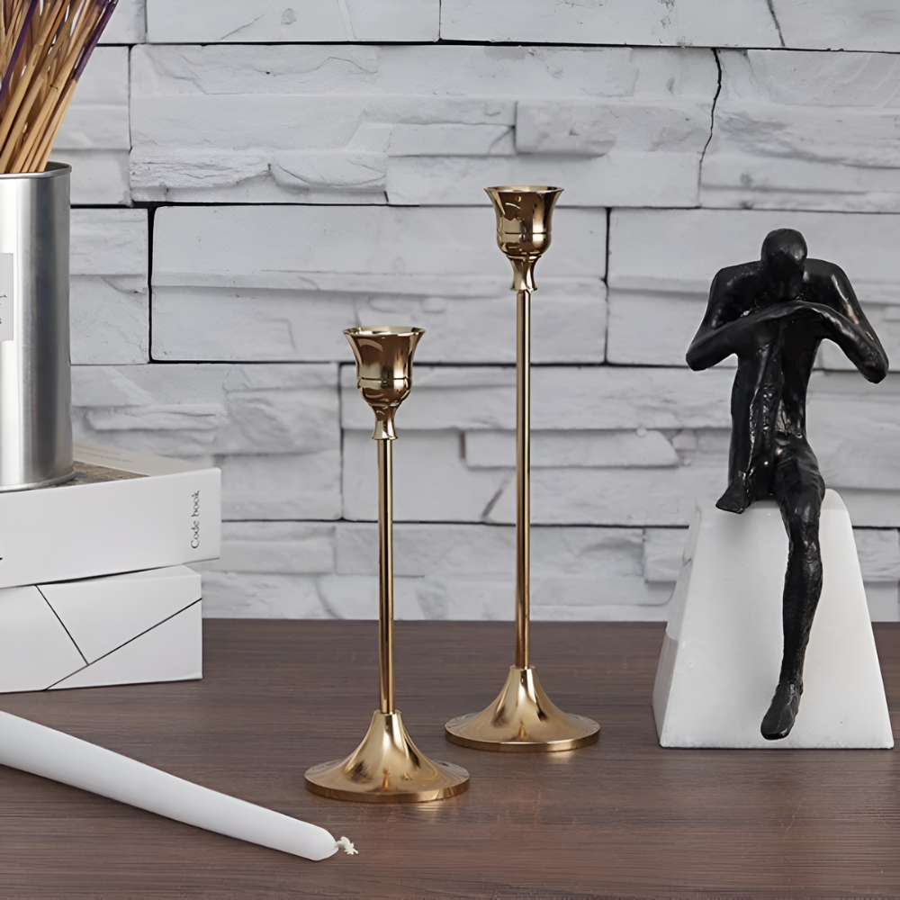 Vesper Candle Holder Set - Gold Metal, Vintage Style Taper Candle Holders, 3 Pieces