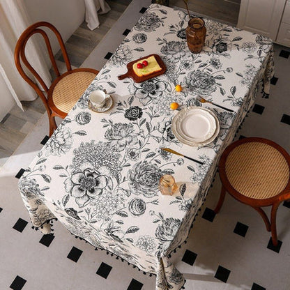 Brielle Custom Tablecloth - Cotton Polyester Blend, Floral Tassels