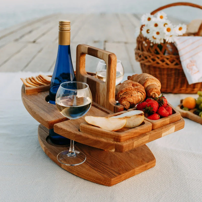 Portable Wine & Snack Tray with Carry Handle for Outdoor Picnics, Beach Days, Park Outings & Patio Gatherings | Solid Wood Serving Caddy
