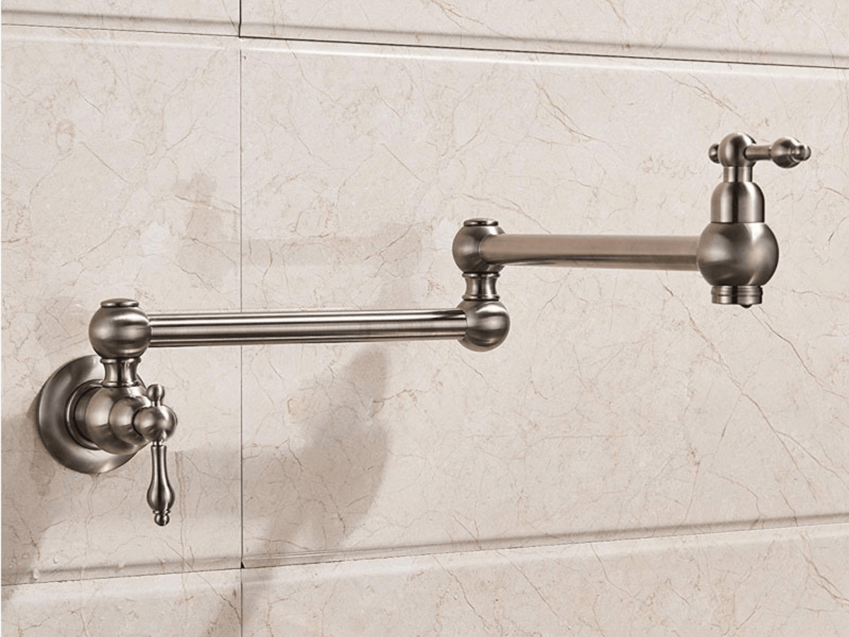 Wall-Mount Dual-Handle Kitchen Faucet for Pots – Brass Construction with Hot & Cold Lines – Chrome, Brushed Nickel, Black & Antique Brass Fi