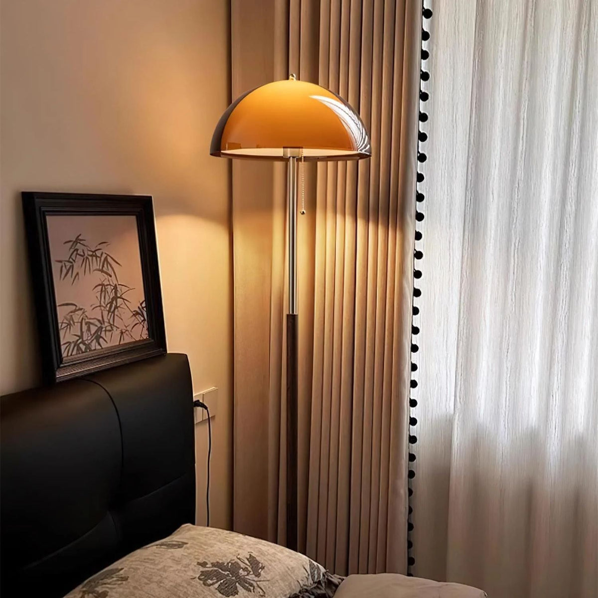 Tall Arched Standing Lamp with Translucent Dome Shade 63 Inches for Living Space Reading Corner Retro Mid-Century Accent Lighting Walnut Woo