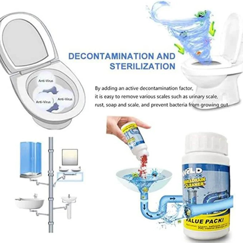 Enzymatic Foaming Powder Pipe Opener for Kitchen & Bathroom Drains, Clears Hair & Grease Clogs, Safe Non-Corrosive Formula for All Plumbing,