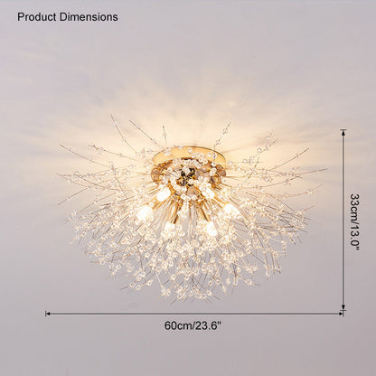 Flush Mount Ceiling Light with Crystal Dandelion Design – 16 in Gold & Silver Fixture for Bedroom, Hallway, Bathroom