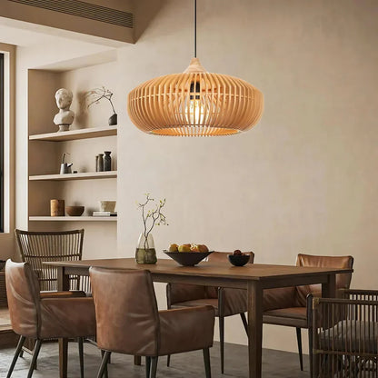 Wood Slat Ceiling Fixture Round Natural 17-Inch Japandi Style Above Table Island Ambient Hanging Light for Dining Kitchen Living Room