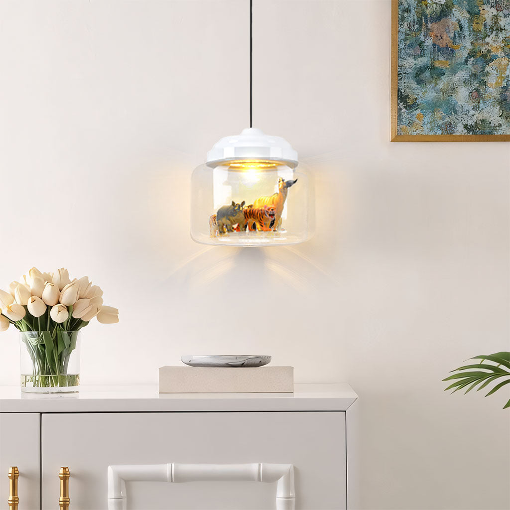 Kids Room Glass Hanging Lamp 8.7 Inches Round Ceiling Light with Fun Animal Characters Nursery Fixture Bedroom Decor for Children Playroom L