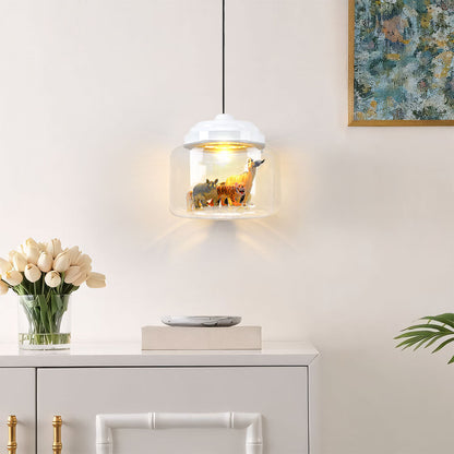 Kids Room Glass Hanging Lamp 8.7 Inches Round Ceiling Light with Fun Animal Characters Nursery Fixture Bedroom Decor for Children Playroom L