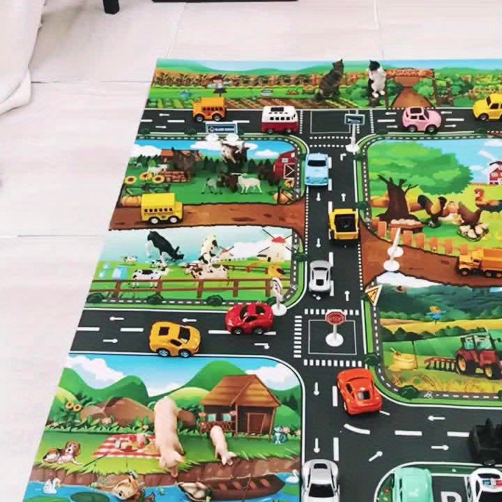 Kids Play Mat with Farm & Road Design for Toy Cars & Animals - Educational Activity Rug for Toddlers & Preschoolers