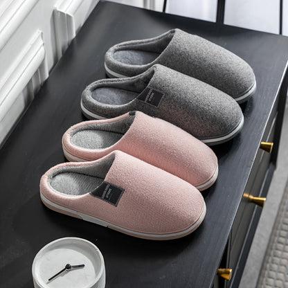 Men's Plush Herringbone Slippers – Warm Indoor House Shoes with Non-Slip Grip for Fall & Winter
