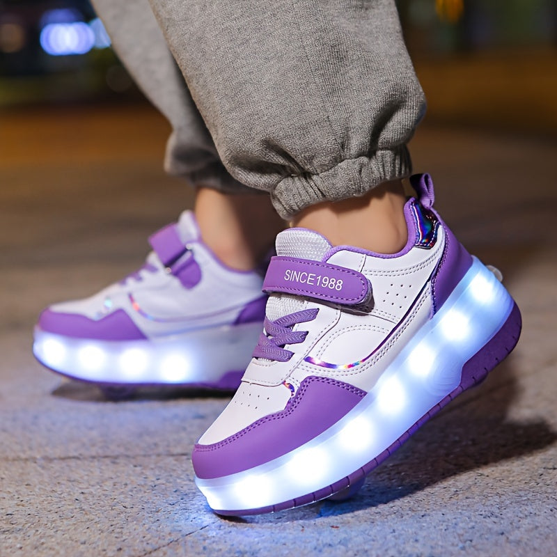 Light-Up Roller Skate Shoes for Kids with Detachable Wheels Purple Rechargeable Sneakers Boys Girls Indoor Outdoor Heelys-Style Footwear Ath