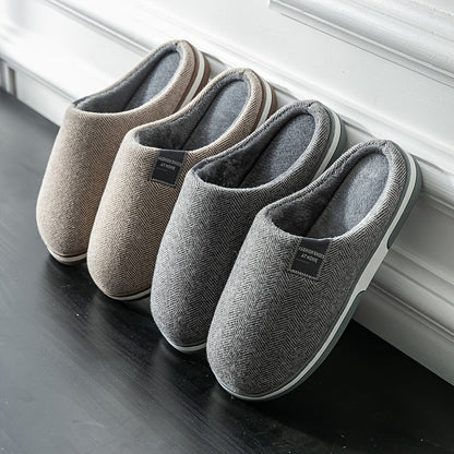 Men's Plush Herringbone Slippers – Warm Indoor House Shoes with Non-Slip Grip for Fall & Winter