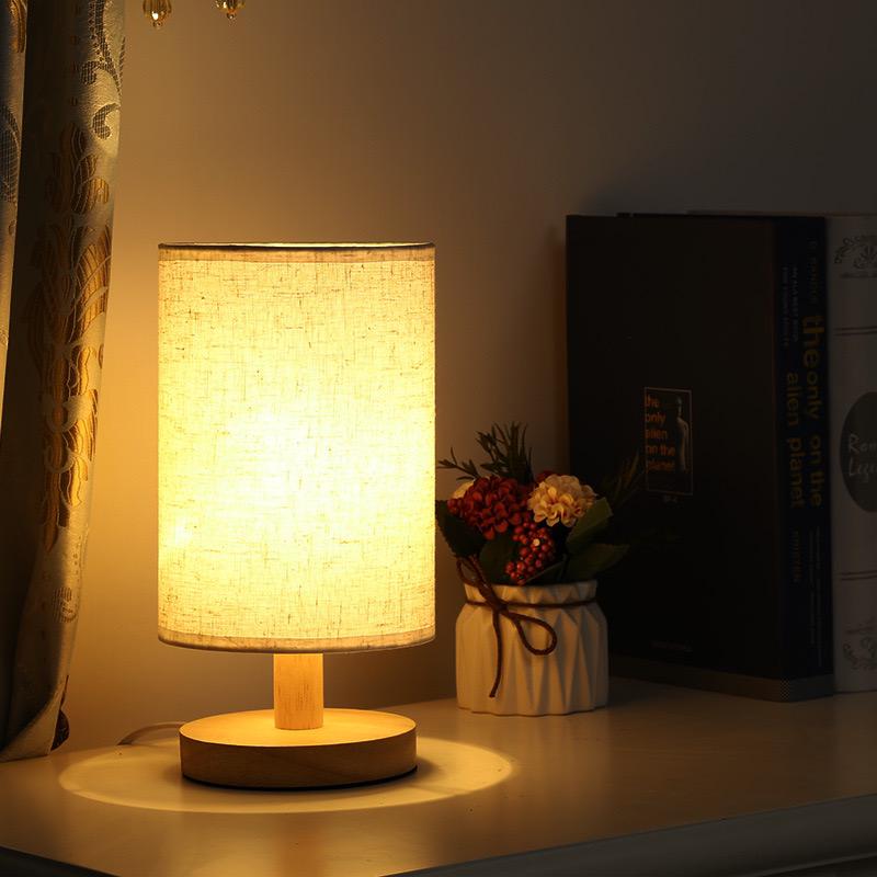 Natural Wood & Linen Table Lamp with Remote Control – Dimmable LED Touch Lamp for Bedroom, Nightstand, Desk – Minimalist Scandinavian