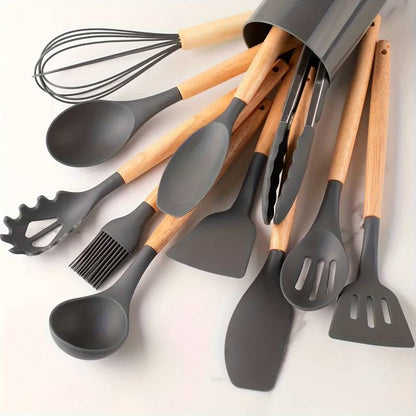 12-Piece Silicone Cooking Utensil Set with Wood Handles Heat Resistant Kitchen Tools for Nonstick Cookware Home Chef Spatula Spoon Whisk