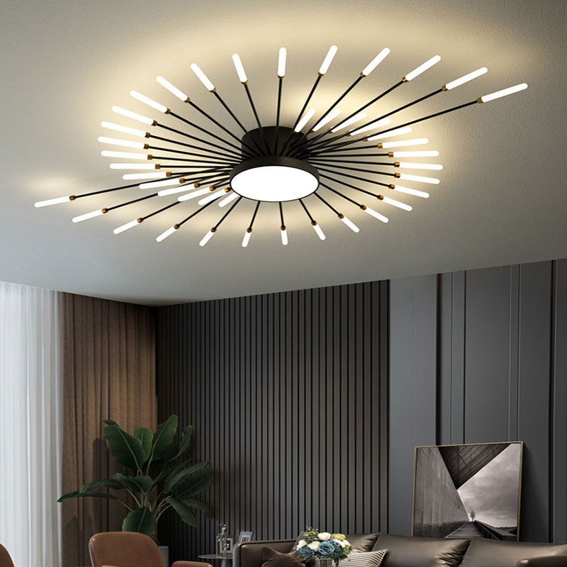 Linear Starburst Flush Mount Ceiling Light with LED Arrays for Living Room and Bedroom in Black or Gold Finish