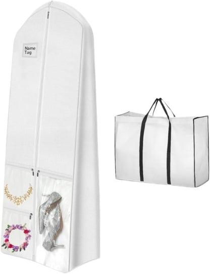 Elegant Bridal Garment Bag | Extra-Large Wedding Dress Storage with Zipped Pockets for Safe Travel