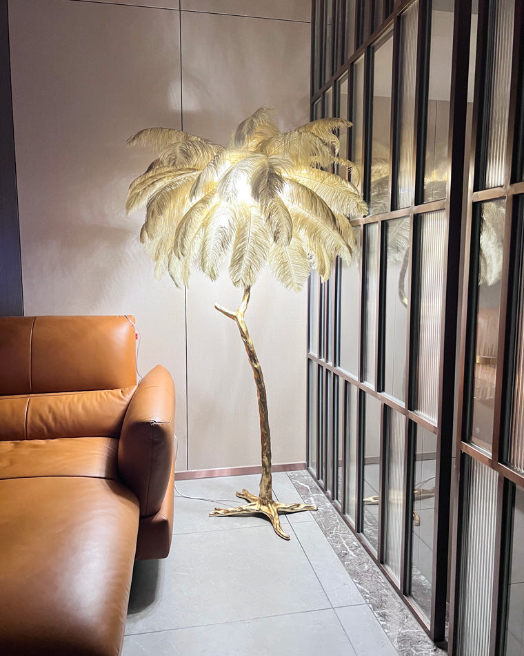 Tropical Feather Standing Lamp 63 in Tall Palm Tree Style Ambient Floor Light for Bedroom Living Room Decorative Accent Lighting
