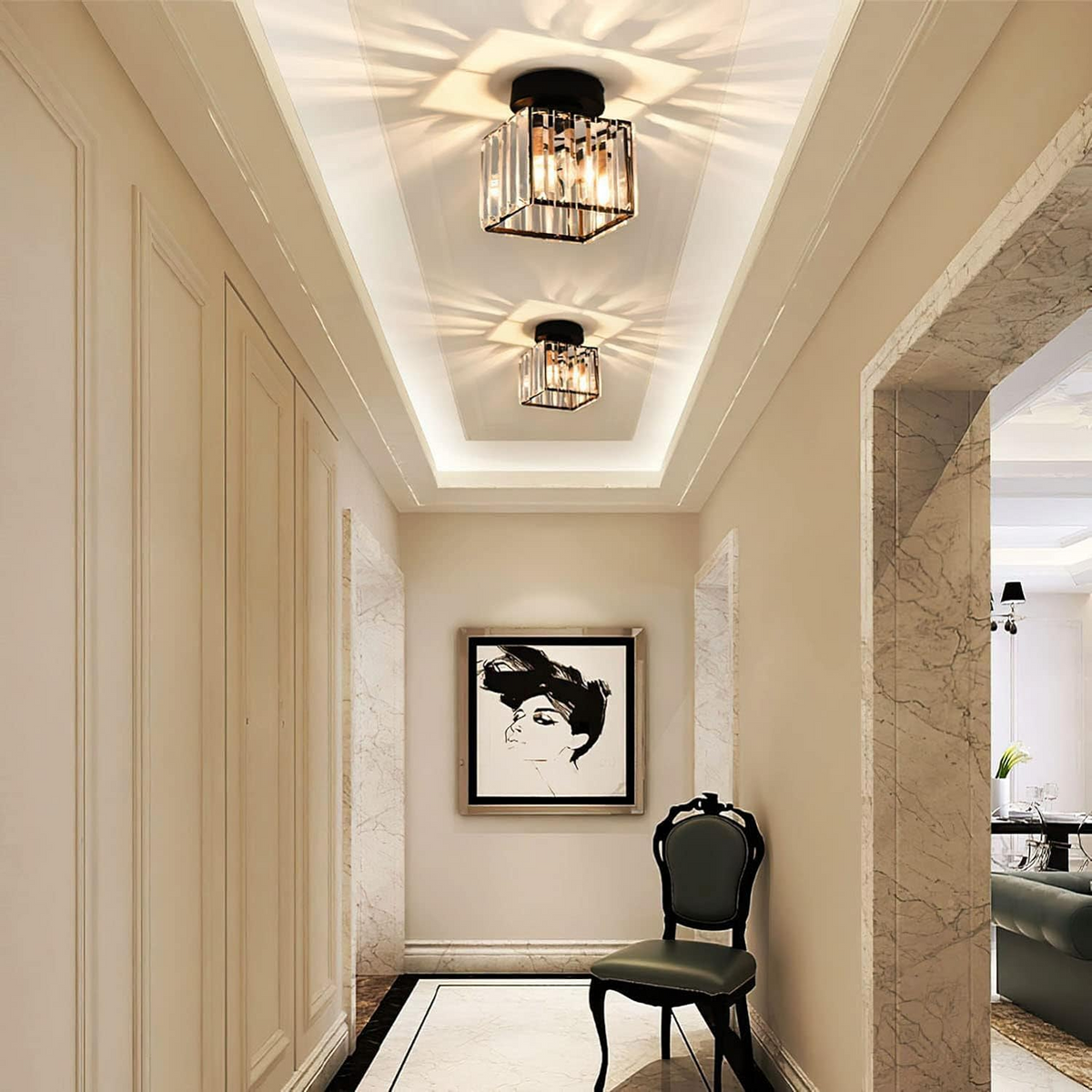 Square Brass Ceiling Light with Crystal Glass Cover – Modern Flush Mount Fixture for Bedroom, Hallway, Living Room & Home Office – E27