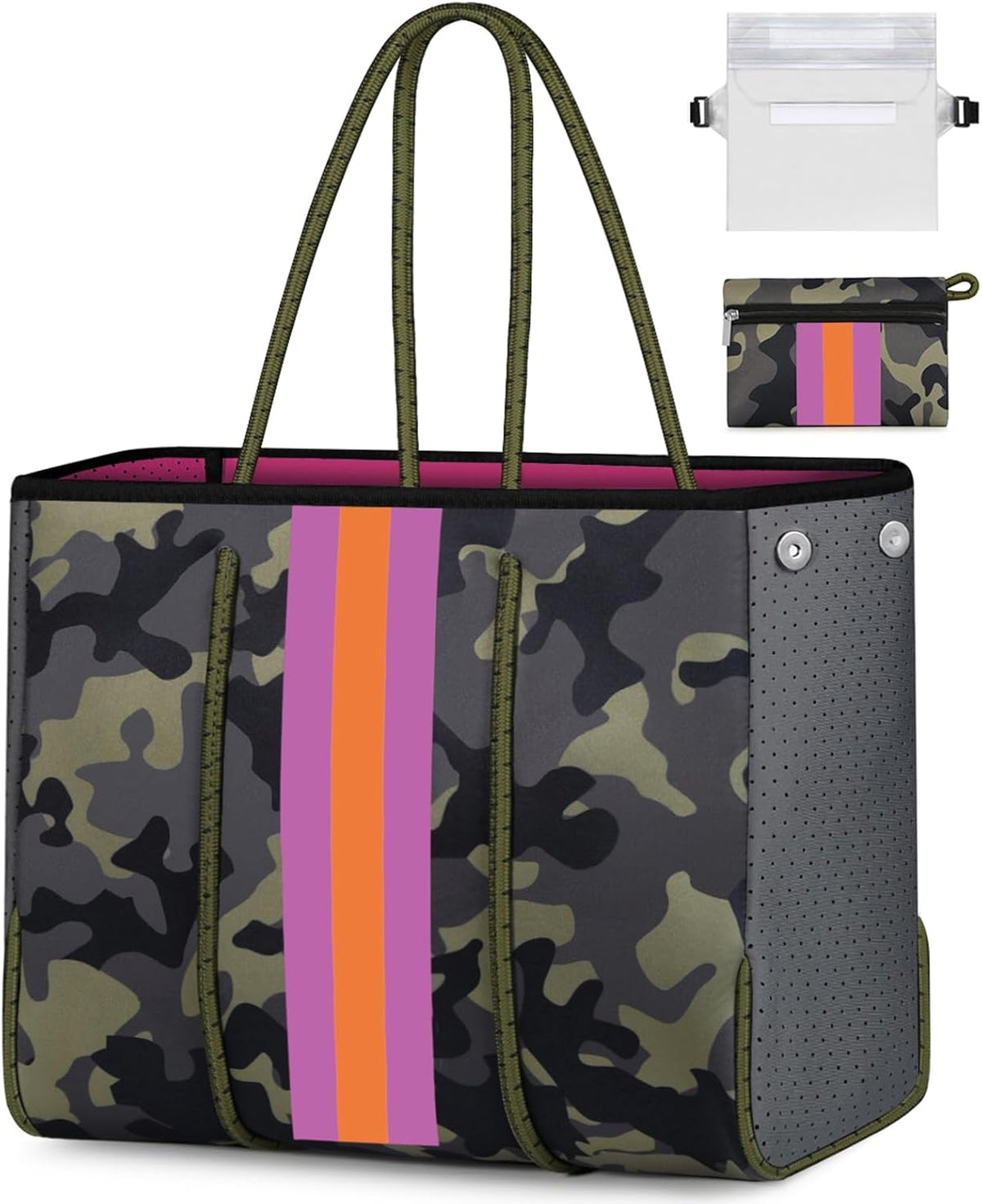 Neoprene Beach Bag with Inner Zipper Pocket, Large Beach Tote Bag with Purse, Machine Washable Travel Tote Bag