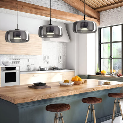 Triple Glass Dome Ceiling Light 15 in Adjustable Height for Kitchen Island Dining Room Modern Hanging Fixture Gray Smoked Finish