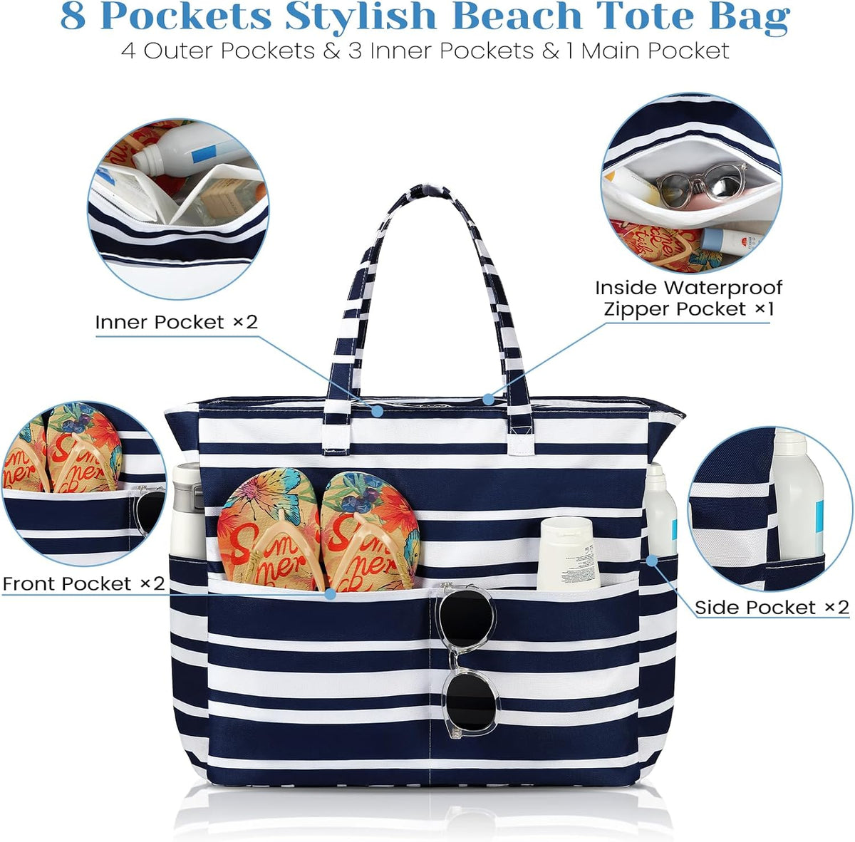 Ortekor Waterproof Beach Tote Bag with Zipper & Sandproof Design | Large Capacity for Travel and Gym
