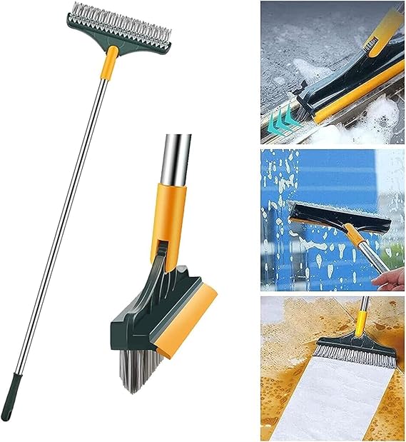 Rotating Head Bathroom Floor Scrubber with Squeegee for Tiles, Tubs & Grout – Long Handle Cleaning Tool for Corners & Tight Spaces