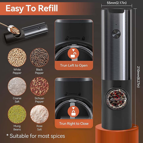 Elegant Kitchen | Rechargeable Electric Salt and Pepper Mill Set with Adjustable Grind | One-Handed Operation for Effortless Seasoning