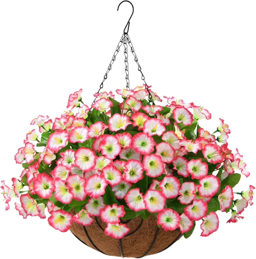 Hanging Basket Flowers Artificial Silk for Outdoor Indoor Decor | Weather-Resistant Faux Blooms in 7 Colors, Year-Round