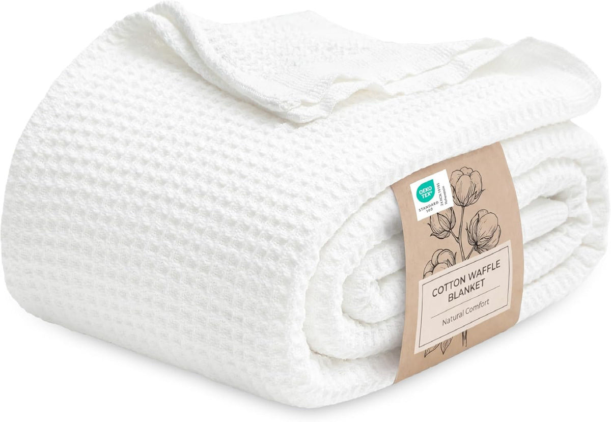 Cotton Throw Blanket for Bed, Waffle Weave Queen Size Blanket for All Seasons, Soft Breathable Cotton Blanket for Couch