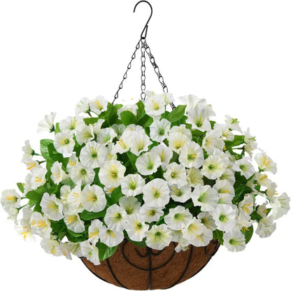 Hanging Basket Flowers Artificial Silk for Outdoor Indoor Decor | Weather-Resistant Faux Blooms in 7 Colors, Year-Round