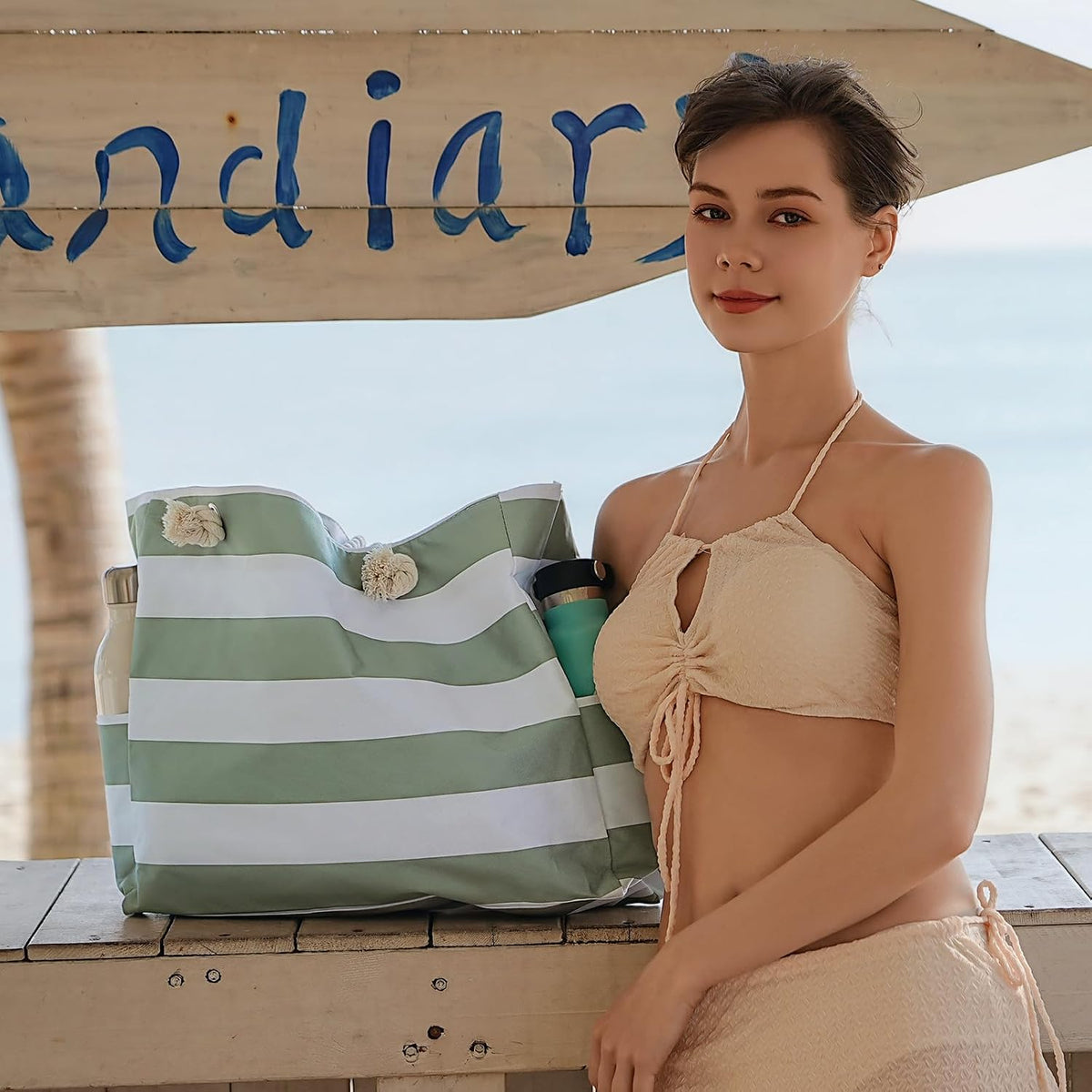 Beach Bliss | Large Waterproof Beach Tote Bag with Zipper | Sandproof Design for Easy Summer Outings