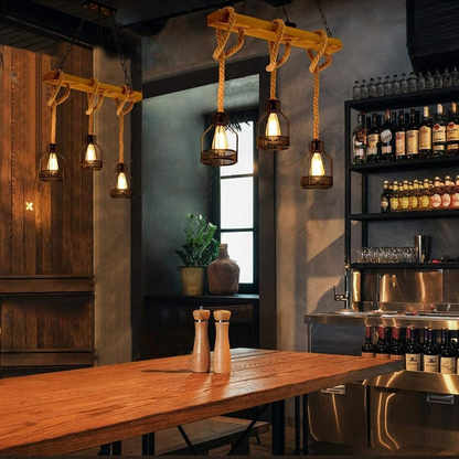 Metal Cage Pendant Light with Rope Accents – Adjustable Industrial Chandelier for Kitchen Island, Dining Room & Bar – E27 Socket