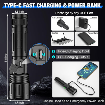Ultra-Bright Tactical LED Torch 100000 Lumens Rechargeable USB-C Zoomable Waterproof for Camping Hiking Emergency Backup Power Bank Aluminum