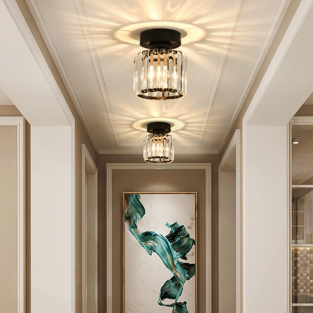 Flush Mount Crystal Light Fixture E27 Socket Black Gold for Bedroom Living Room Hallway Indoor Home Décor Compact Reflective Shade Elegant A