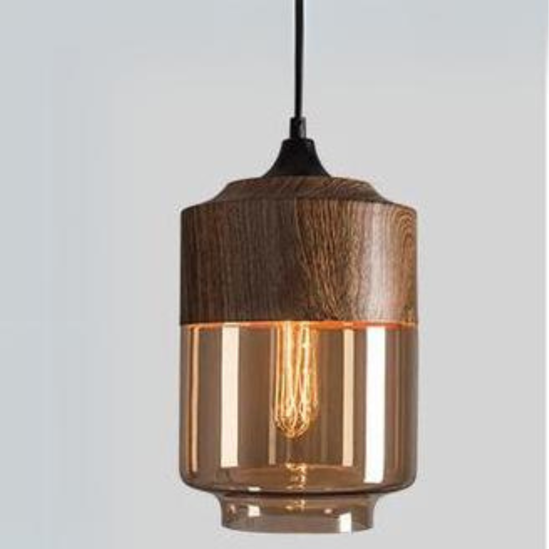 Glass Pendant Light with Wood-Look Metal – Scandinavian Hanging Fixture for Dining Room, Bedroom & Living Room