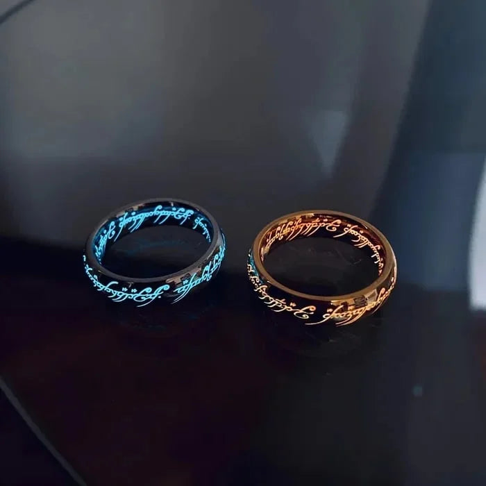 Glow-in-the-Dark Ring with Elvish Script Engraving – Self-Charging Luminous Fantasy Band for Men & Women