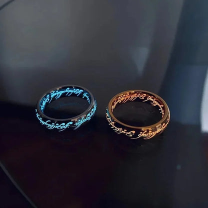 Glow-in-the-Dark Ring with Elvish Script Engraving – Self-Charging Luminous Fantasy Band for Men & Women